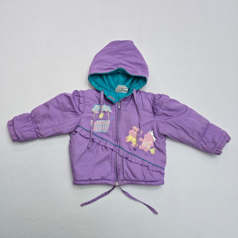 Vintage Good Friends Purple Hooded‎ Bear Jacket 24M Teal Lining Ruffle Accent